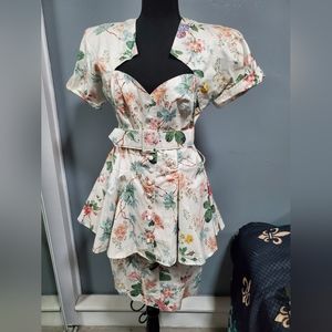 Vintage Karen Alexander 3 Piece Floral Peplum Outfit Skirt Belt Jacket